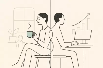 Ilustración minimalista de una persona dividida en dos escenas.