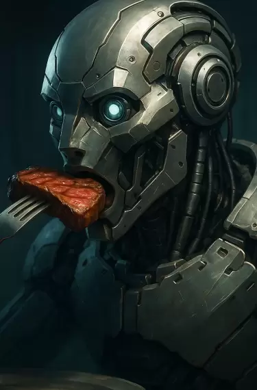 Un robot comiendo un pedazo de carne.