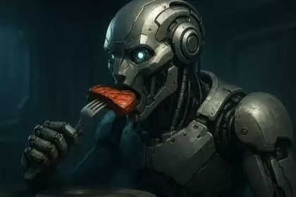 Un robot comiendo un pedazo de carne.