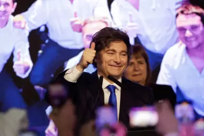 Milei celebra el triunfo en las elecciones.