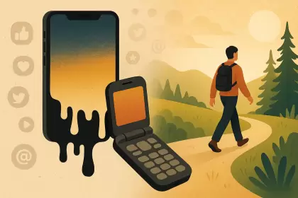 Un smartphone se derrita y transforma en un teléfono con tapita, mientras las redes sociales se desvanecen y una persona camina hacia la naturaleza.