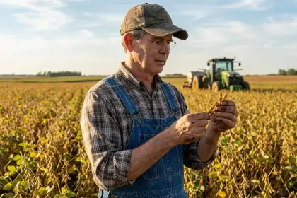 Bessent, como farmer, en un campo de soja. Imagen hecha con IA.