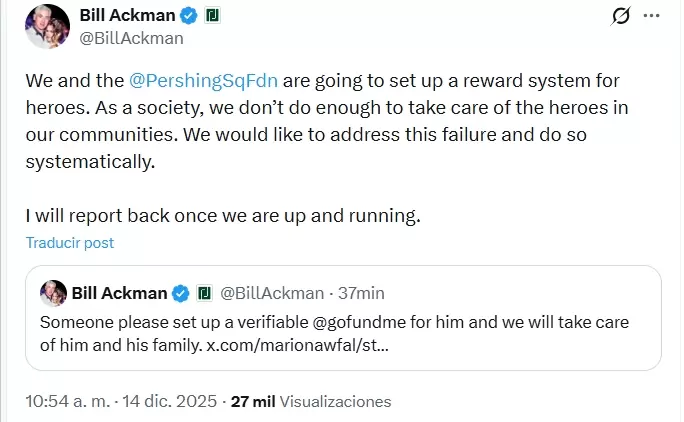Ackman adelantó que su fundación está trabajando en la creación de un sistema estructurado de recompensas y apoyo para "héroes comunitarios".