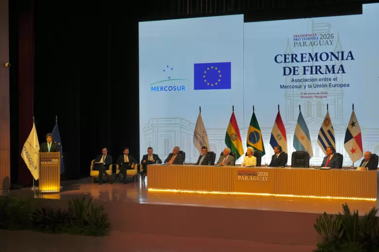 Javier Milei durante su discurso en la ceremonia de firma del acuerdo Mercosur-Unión Europea en Asunción