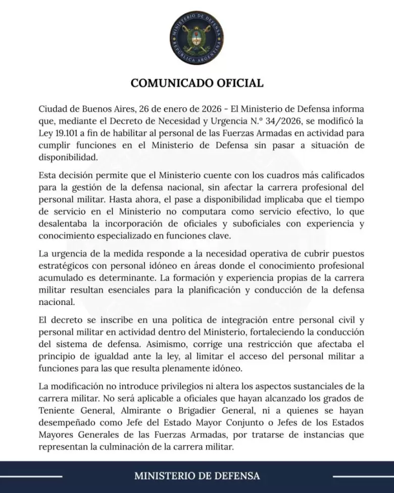 Comunicado oficial del Ministerio de Defensa