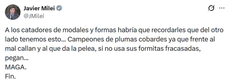 El tuit de Javier Milei sobre los incidentes en la movilización
