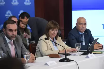 Ezequiel Atauche, Patricia Bullrich y Bartolomé Abdala en el plenario de comisiones del Senado