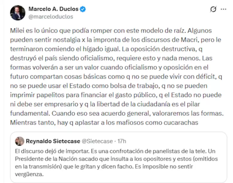 El tuit de Marcelo A. Duclos defendiendo la estrategia de Javier Milei.