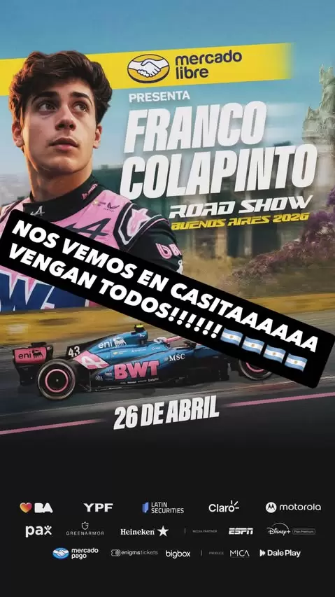 "Nos vemos en casita": el mensaje de Franco Colapinto para convocar a sus fanáticos el próximo 26 de abril en Buenos Aires. (@francolapinto)