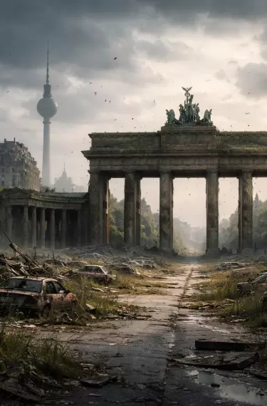 La Puerta de Brandeburgo de Berlín, desolada. Imagen hecha con IA.