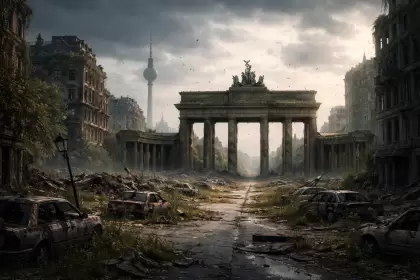 La Puerta de Brandeburgo de Berlín, desolada. Imagen hecha con IA.