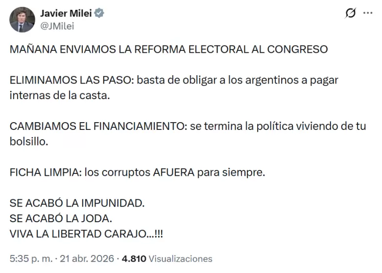 Milei anunció el envío de la reforma electoral en X