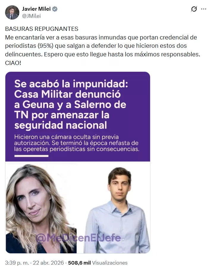 El tuit de Milei contra Geuna y Salerno