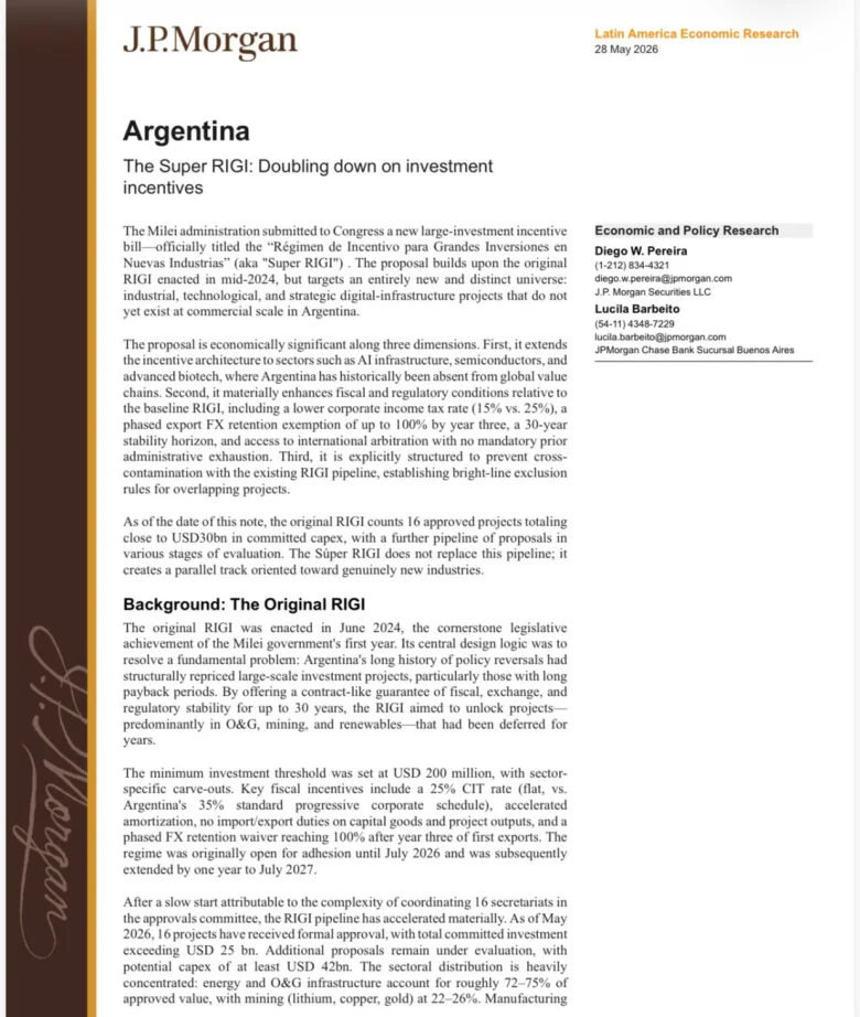 “Un cambio estructural genuino”: JP Morgan está bullish con el Súper RIGI - EE