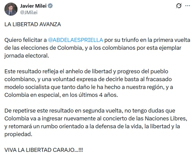 Milei felicitó a De la Espriella tras su triunfo en la primera vuelta en Colombia - X Javier Milei