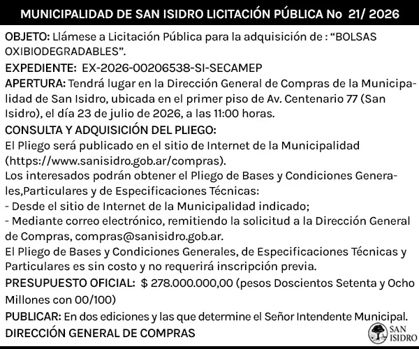 Licitación pública N° 21/26 de San Isidro