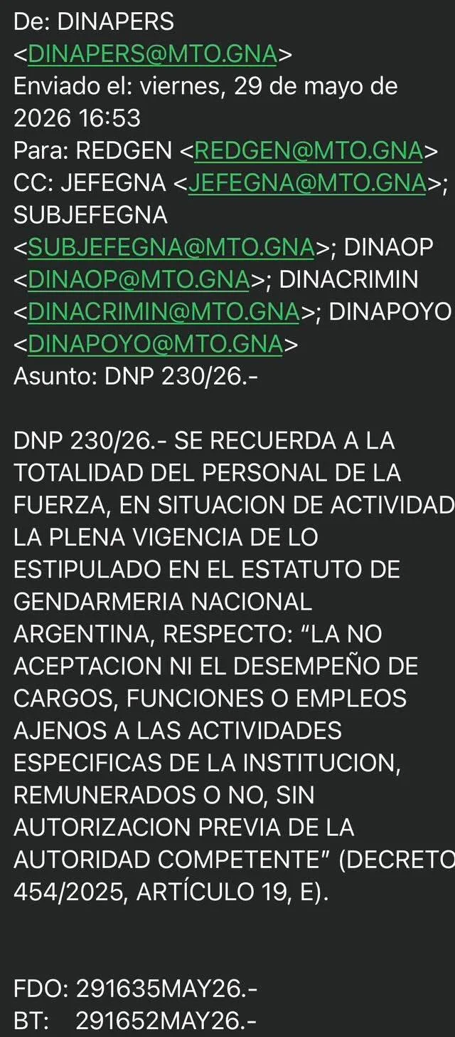 El 29 de mayo pasado la conducción de Gendarmería Nacional distribuyó a toda la cadena de mando una orden interna (DNP 230/26) recordando la plena vig - EE