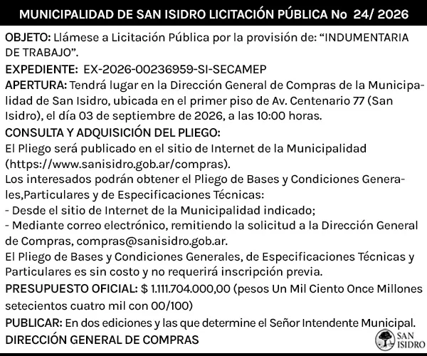 Licitación pública N° 24/26 de San Isidro